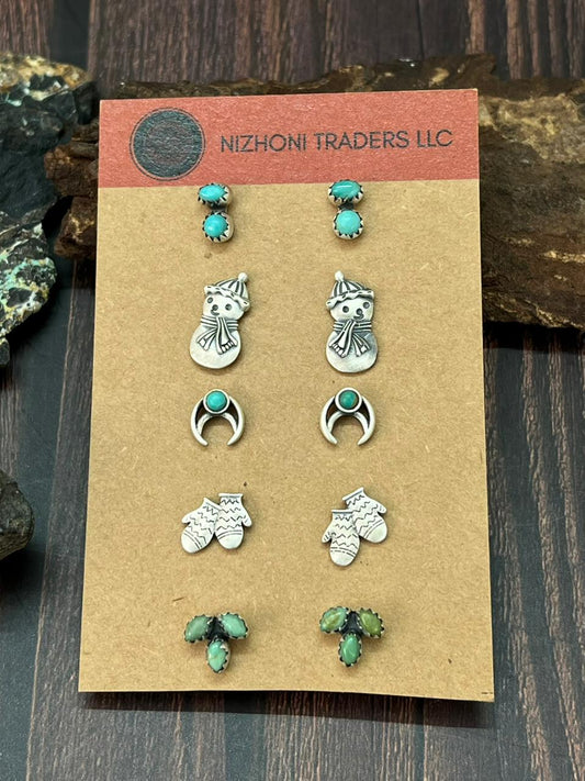 Handmade Sterling Silver Kingman Turquoise Post Studs Earrings Set