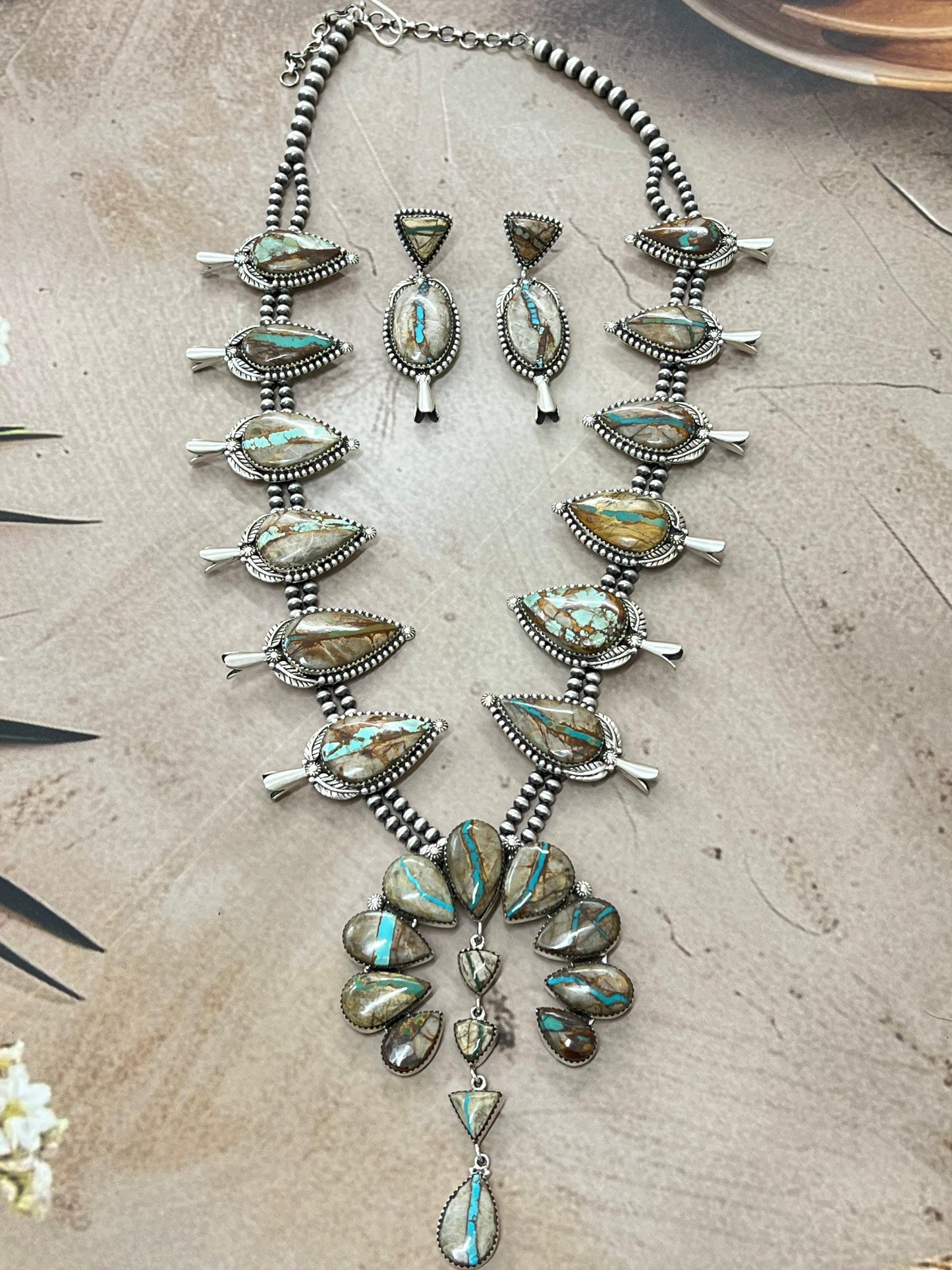 Handmade Sterling Silver Ribbon Royston Beaded Squash Blossom Necklace Earrings Set, Signed Nizhoni