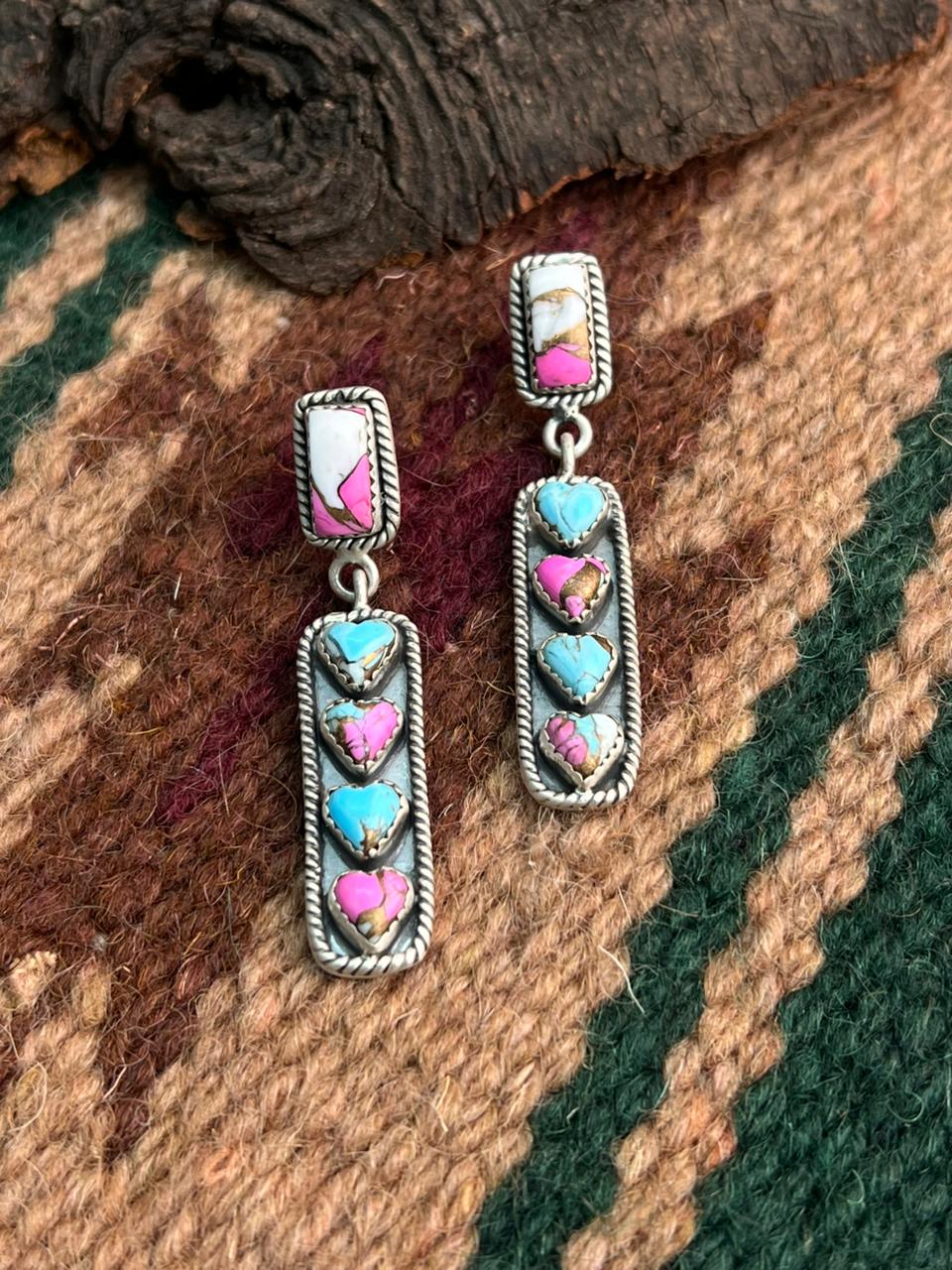 "Heart Collection" Handmade Sterling Silver Cotton Candy Post Dangle Earrings "Signed Nizhoni"