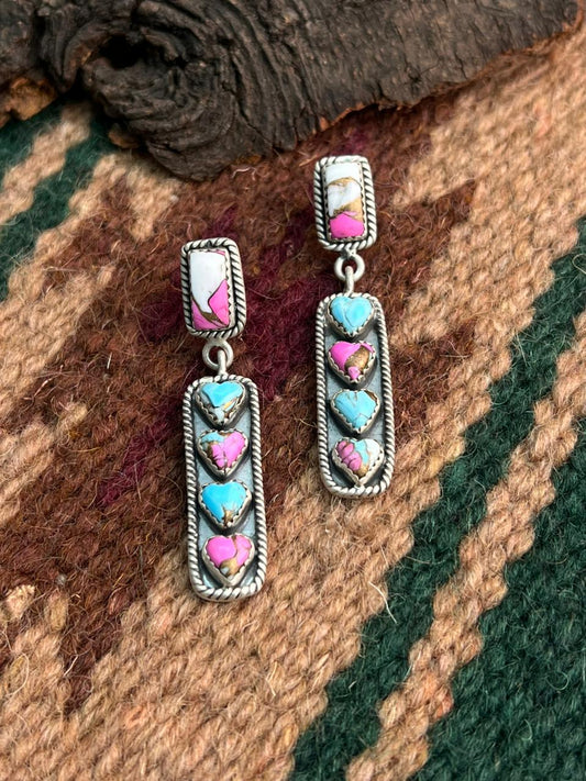 "Heart Collection" Handmade Sterling Silver Cotton Candy Post Dangle Earrings "Signed Nizhoni"