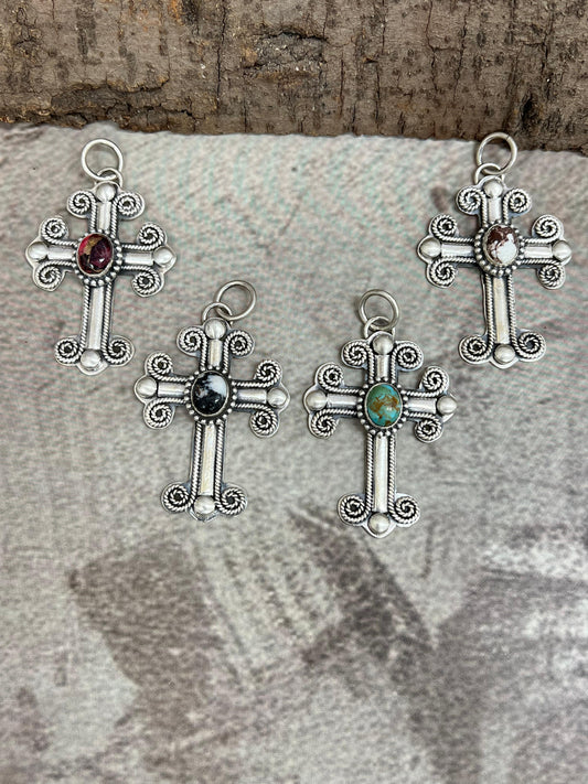 Handmade Sterling Silver Multi Stone Cross Pendant with Signed Nizhoni