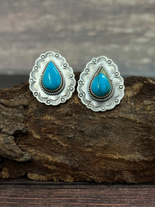 Handmade Sterling Silver South Hill Turquoise Post Studs with Signed Nizhoni