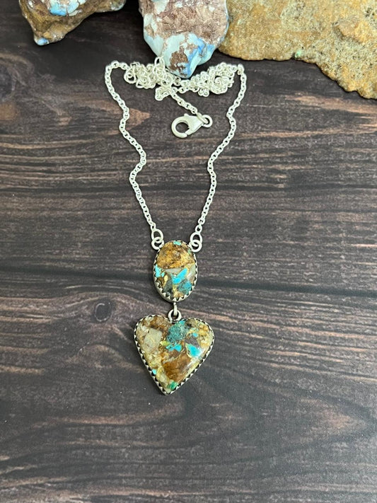 Handmade Sterling Silver Ribbon Royston Heart Necklace with Signed Nizhoni