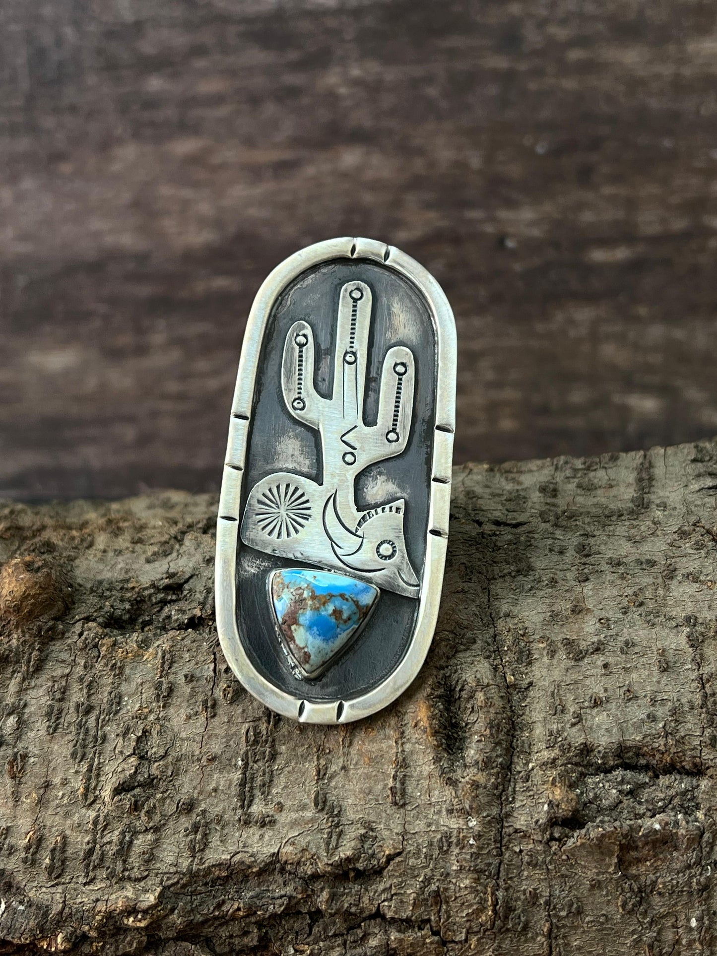 Handmade Sterling Silver with Golden Hills Turquoise Adjustable Ring with Signed Nizhoni
