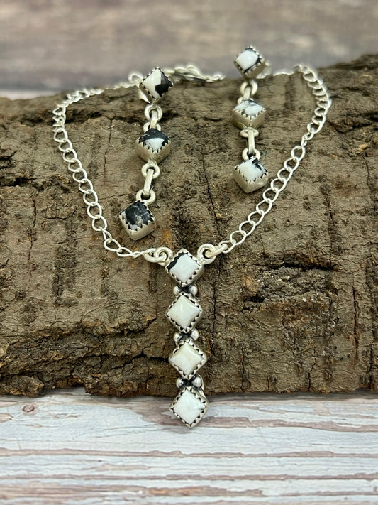 Handmade Sterling Silver White Buffalo Necklace & Earrings Set Signed Nizhoni