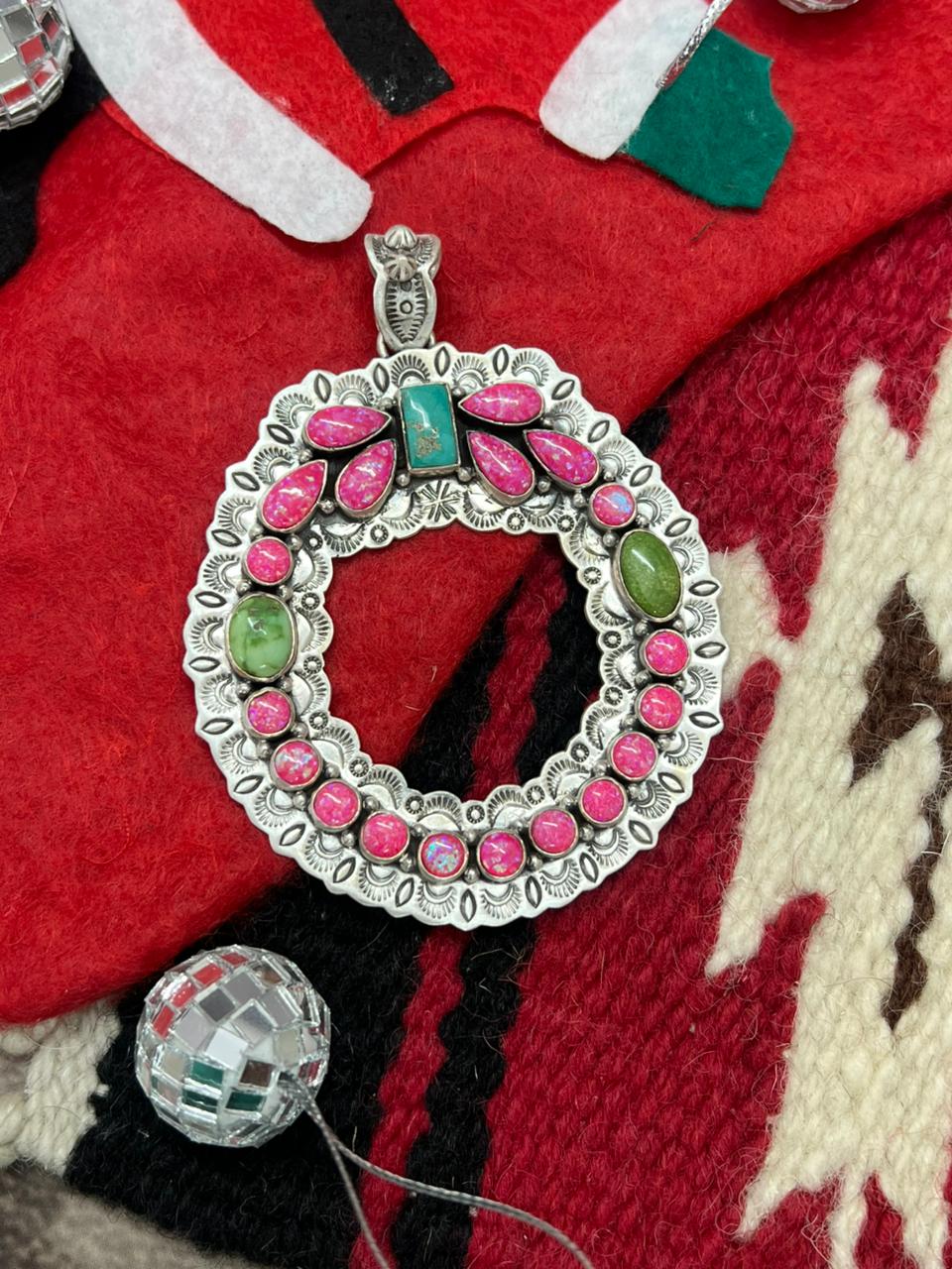 "Christmas Collection" Handmade Sterling Silver Hot Pink with Sonoran Mountain Turquoise Pendant "Signed Nizhoni"