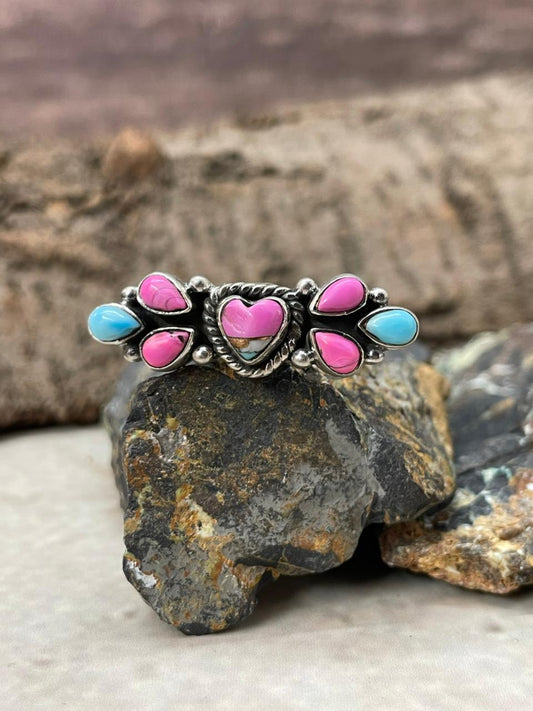 "Heart Collection" Handmade Sterling Silver Cotton Candy Adjustable Ring "Signed Nizhoni"