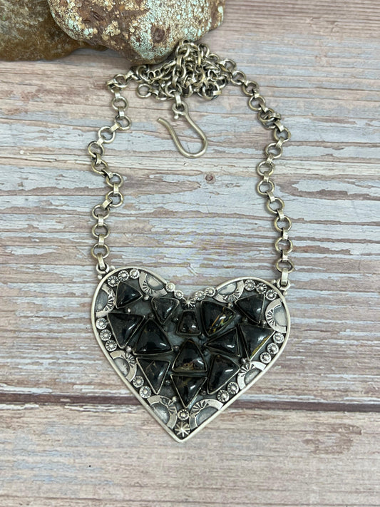 Handmade Sterling Silver Blackjack Turquoise Heart Necklace with Signed Nizhoni
