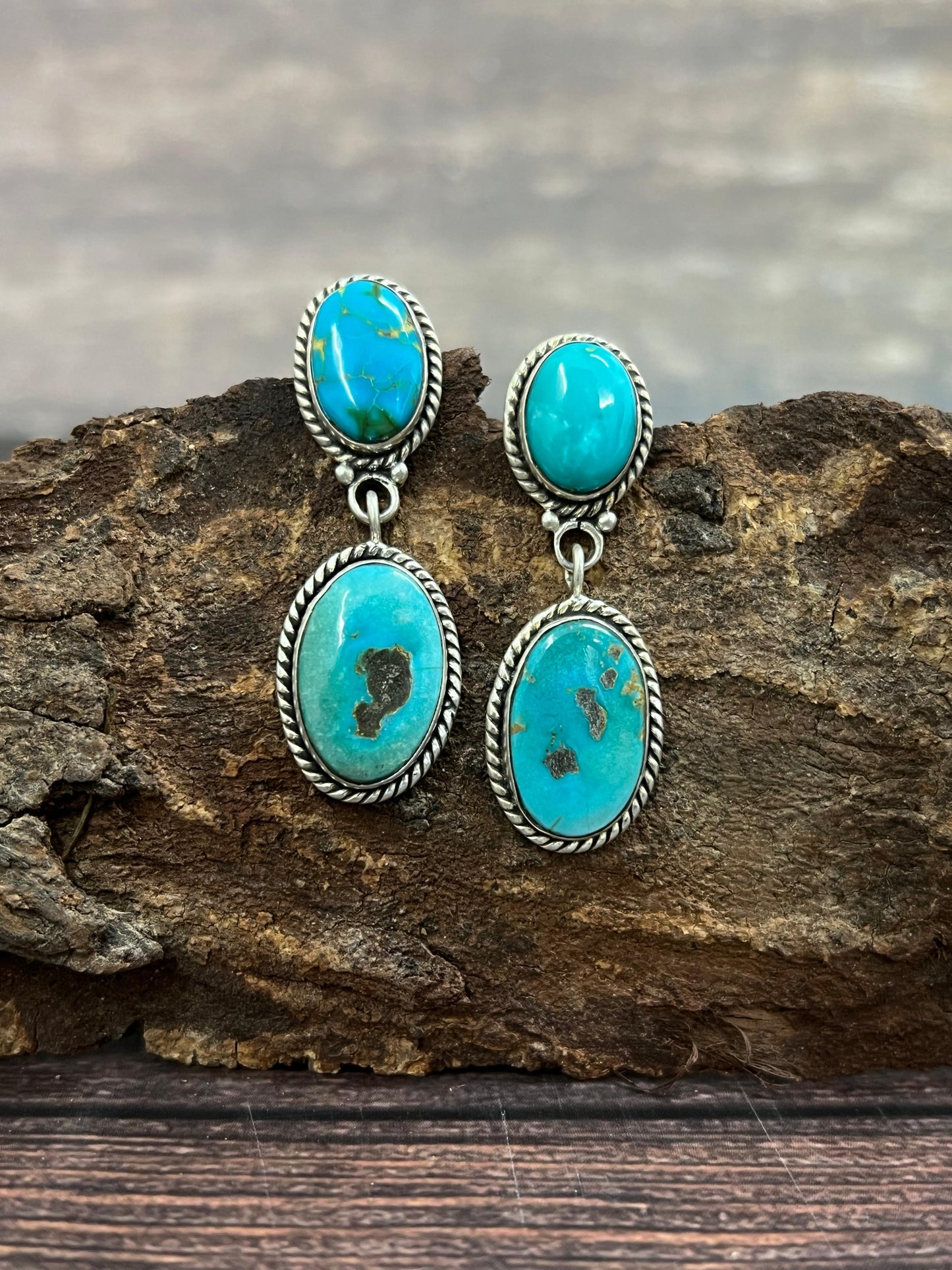 Handmade Sterling Silver South Hill Turquoise Post Dangle Earrings with Signed Nizhoni