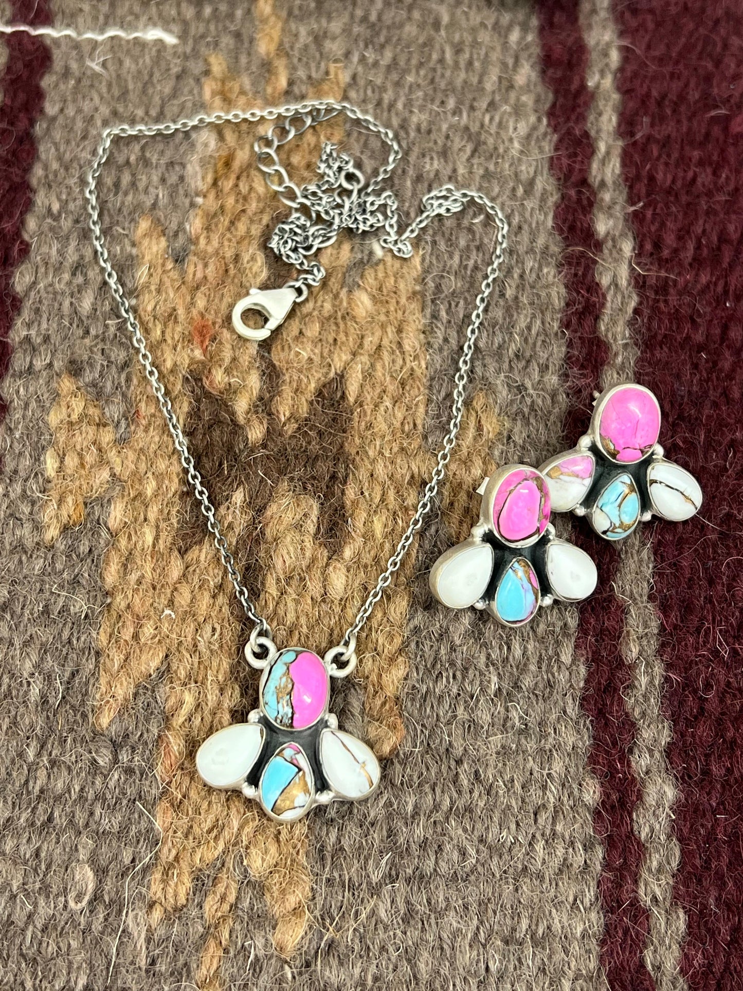 Handmade Sterling Silver Cotton Candy  Necklace Earrings Set with Signed Nizhoni
