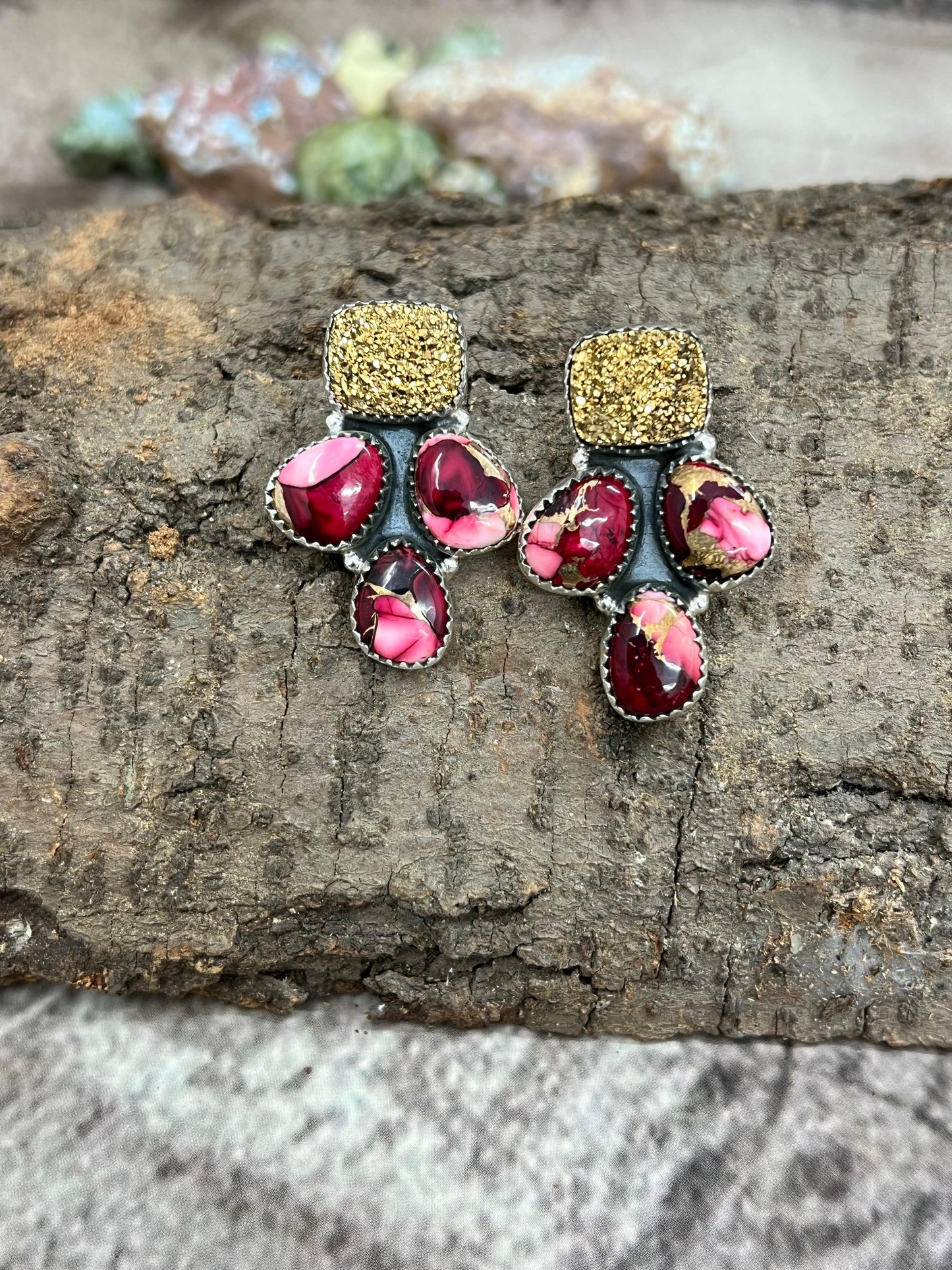 Handmade Sterling Silver Dahlia Rose with Druzy Post Earrings with Signed Nizhoni