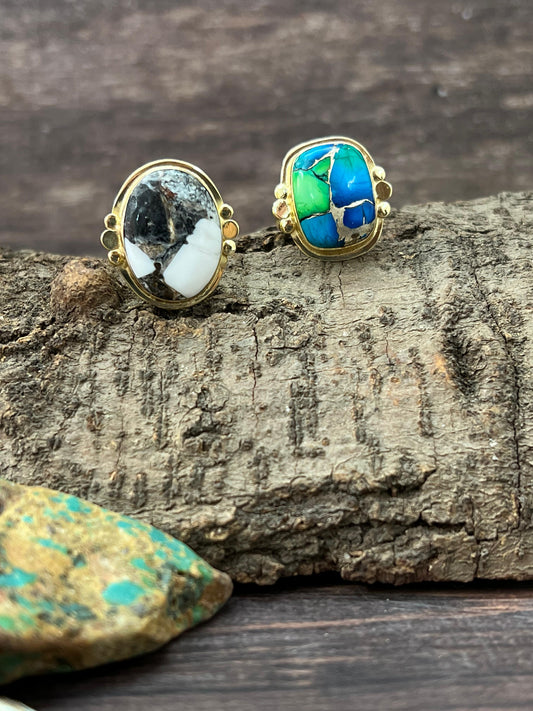 “The Golden Collection” Natural White Buffalo, Peacock Dahlia Adjustable Ring