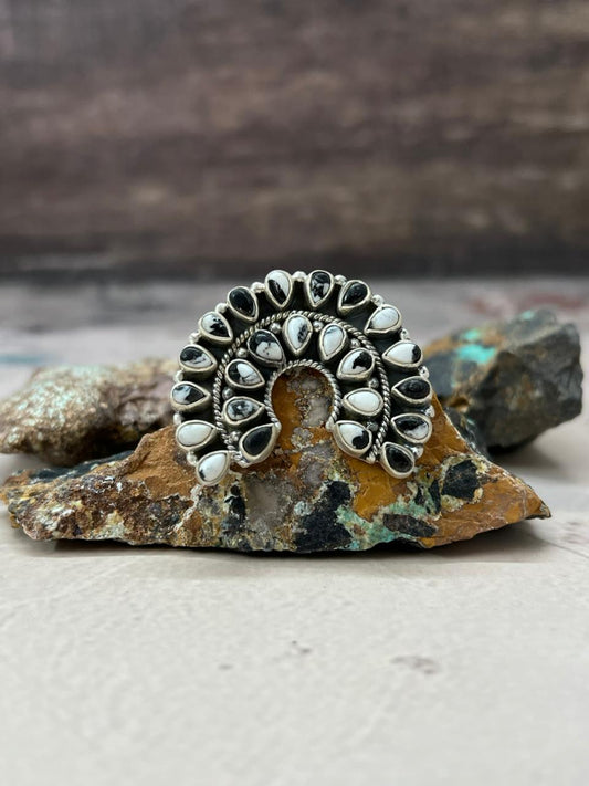 Handmade Sterling Silver White Buffalo Turquoise Naja Adjustable Ring "Signed Nizhoni"