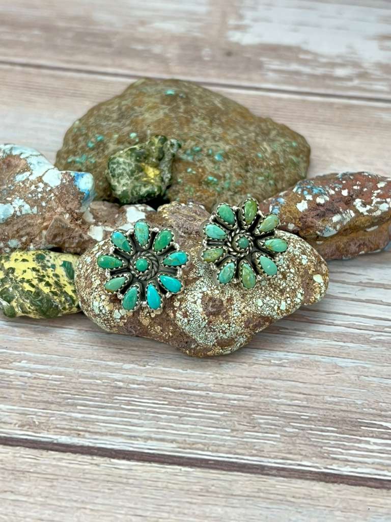 Handmade Sterling Silver Kingman Turquoise Post Studs Earrings "Signed Nizhoni"
