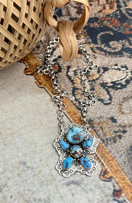 Handmade Sterling Silver Golden Hills Turquoise Necklace with Signed Nizhoni