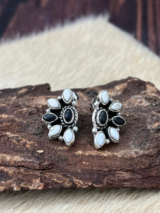 Handmade Sterling Silver White Buffalo Post Studs Earrings "Signed Nizhoni"