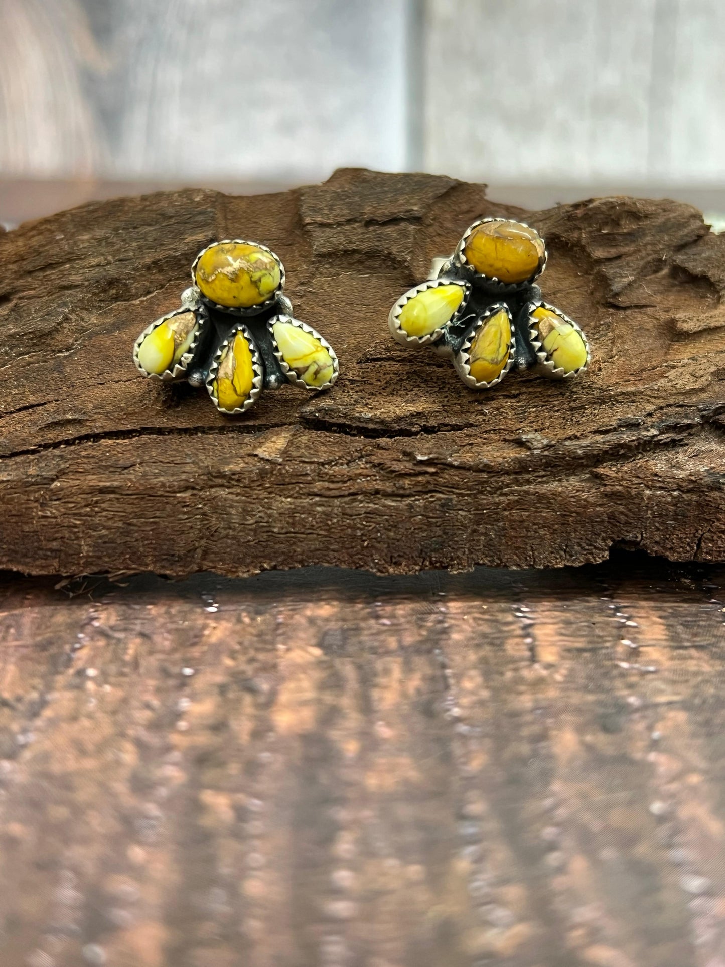 Handmade Sterling Silver Honey Dahlia Post Studs with Signed Nizhoni