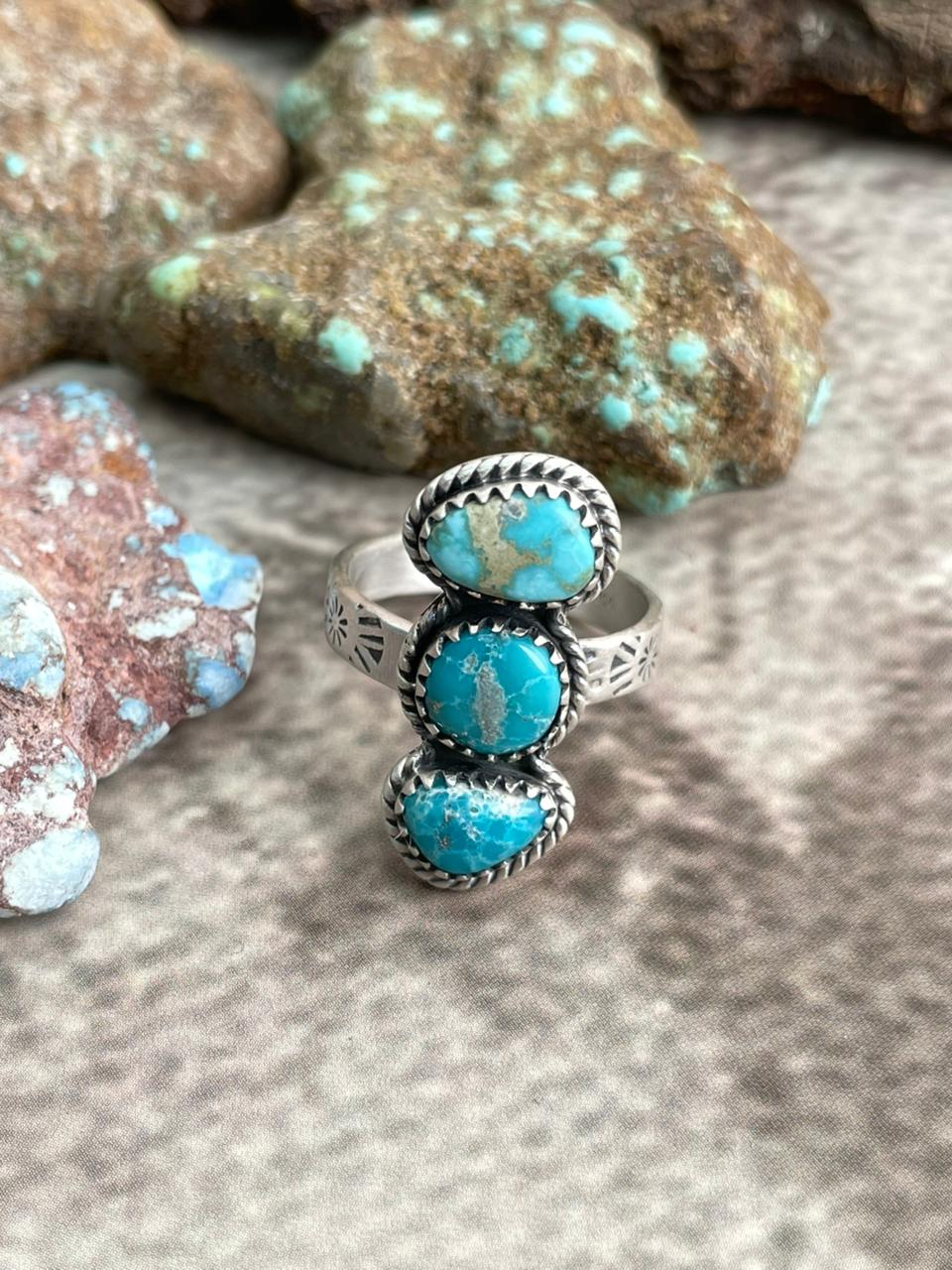 Handmade Sterling Silver White Water Turquoise Adjustable Ring with Signed Nizhoni