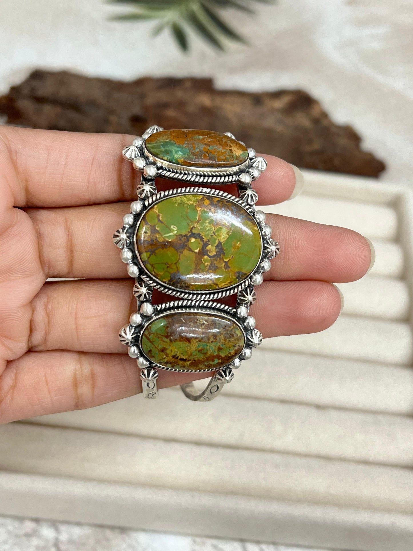 Handmade Sterling Silver Old Stock Royston Turquoise Cuff Bracelet with Signed Nizhoni