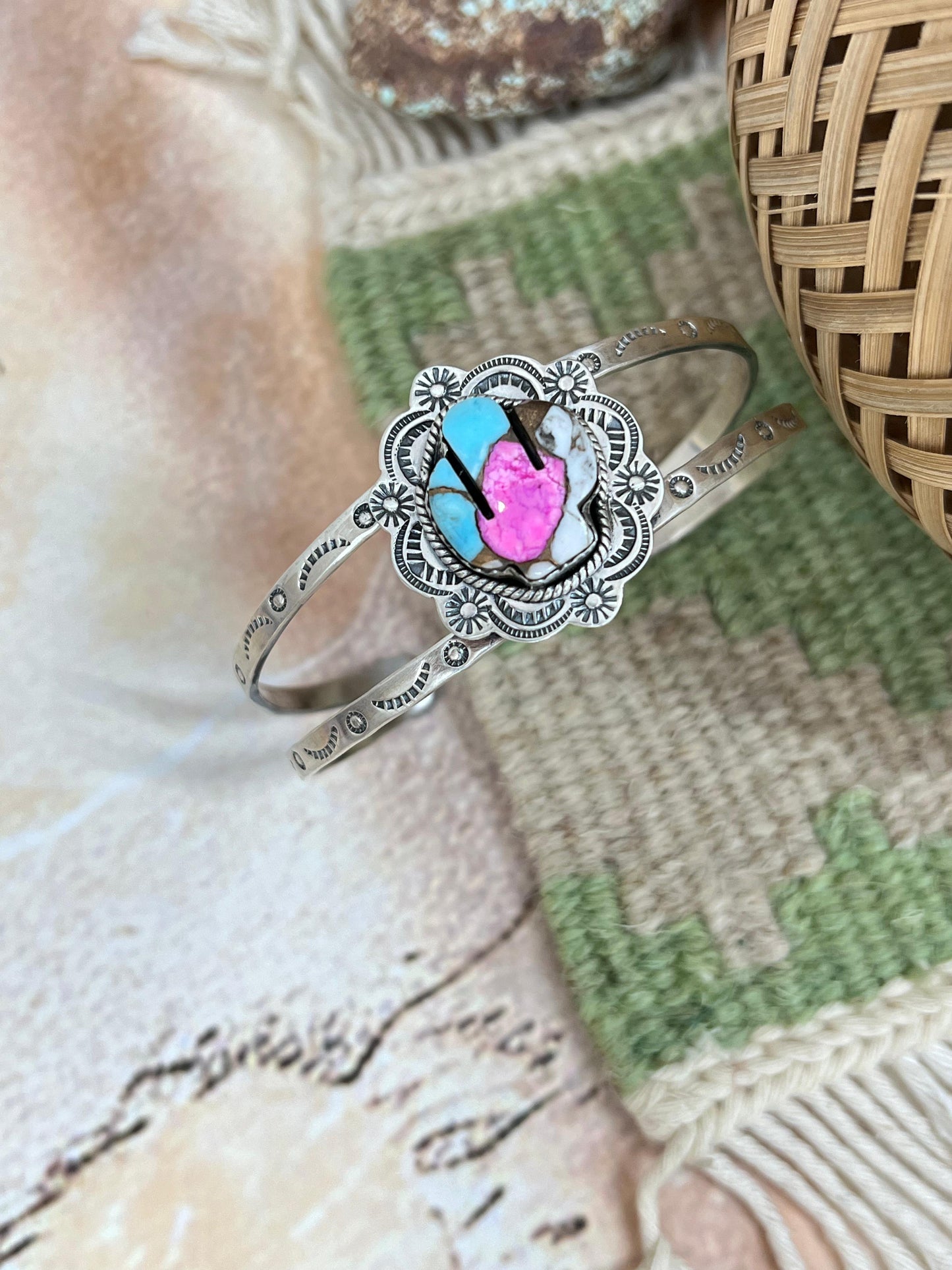Handmade Sterling Silver Cotton Candy Turquoise SaguaroCuff Bracelet with Signed Nizhoni