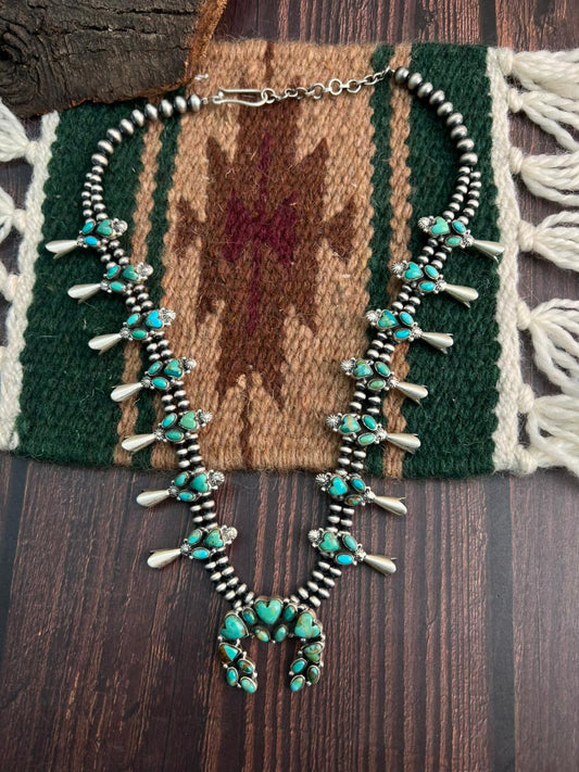 "Heart Collection" Handmade Sterling Silver Beaded Kingman Turquoise Squash Blossom Necklace "Signed Nizhoni"