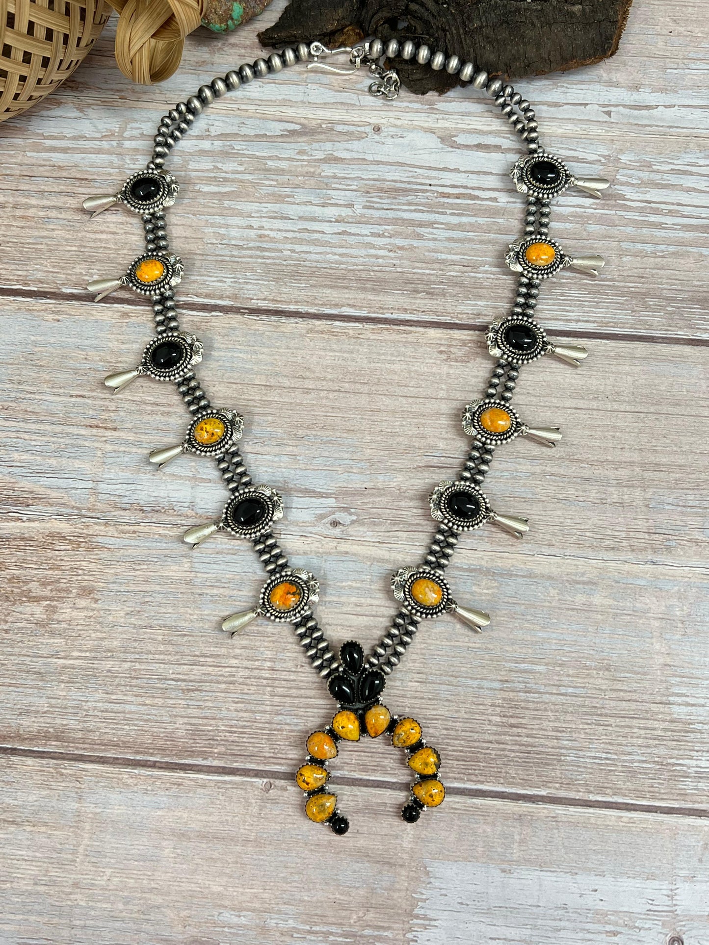 "Halloween Collection" Handmade Sterling Silver Black Onyx, Bumblebee Bat Squash Blossom Beaded Necklace with Signed Nizhoni