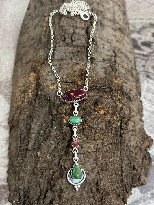 Handmade Sterling Silver Emerald Valley with Dahlia Rose Necklace with Signed Nizhoni