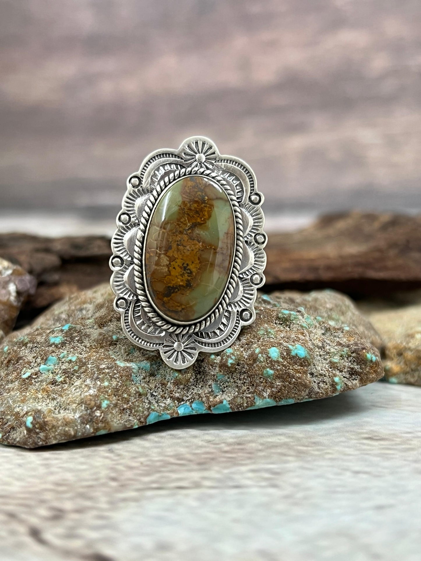 Handmade Sterling Silver Old Stock Royston Turquoise Adjustable Ring Signed Nizhoni