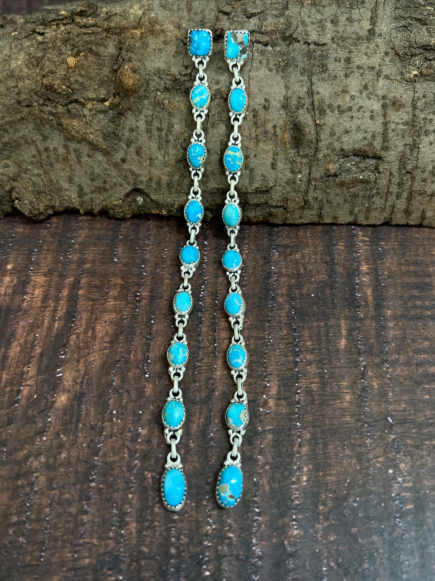 Handmade Sterling Silver Kingman Turquoise Dangle Earrings with Signed Nizhoni