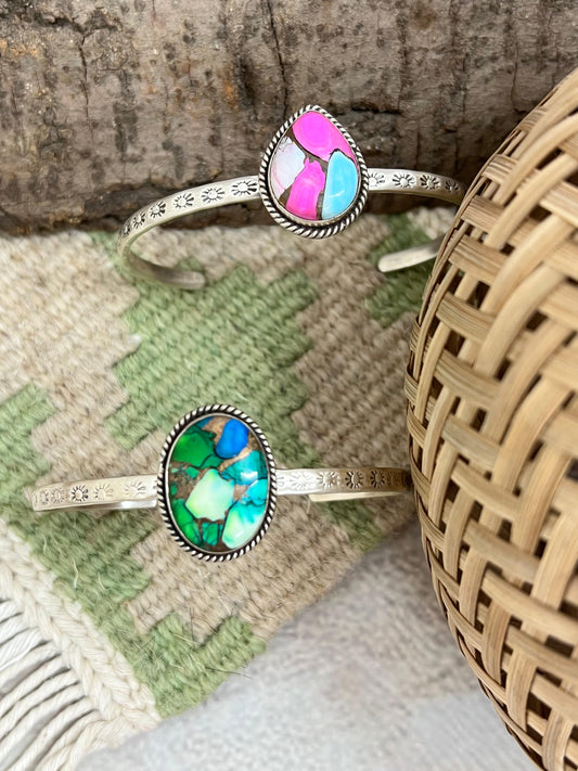 Handmade Sterling Silver Peacock Dahlia, Cotton Candy Cuff Bracelet with Signed Nizhoni