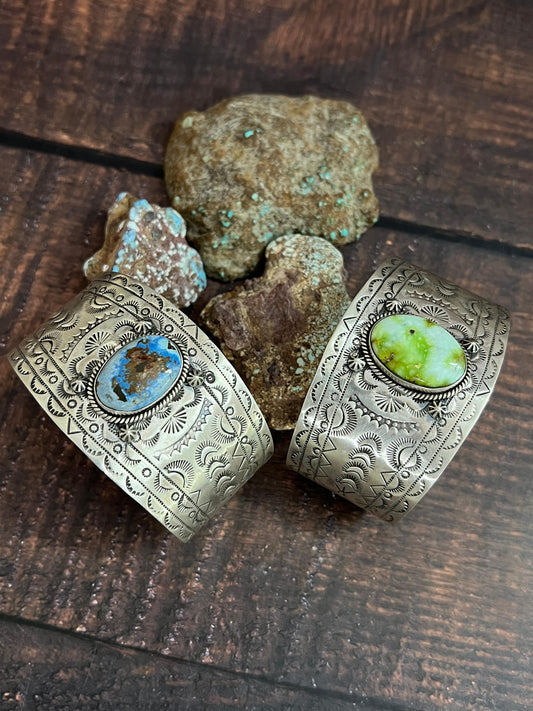 Handmade Sterling Silver Golden Hills, Palomino Turquoise Bracelet with Signed Nizhoni