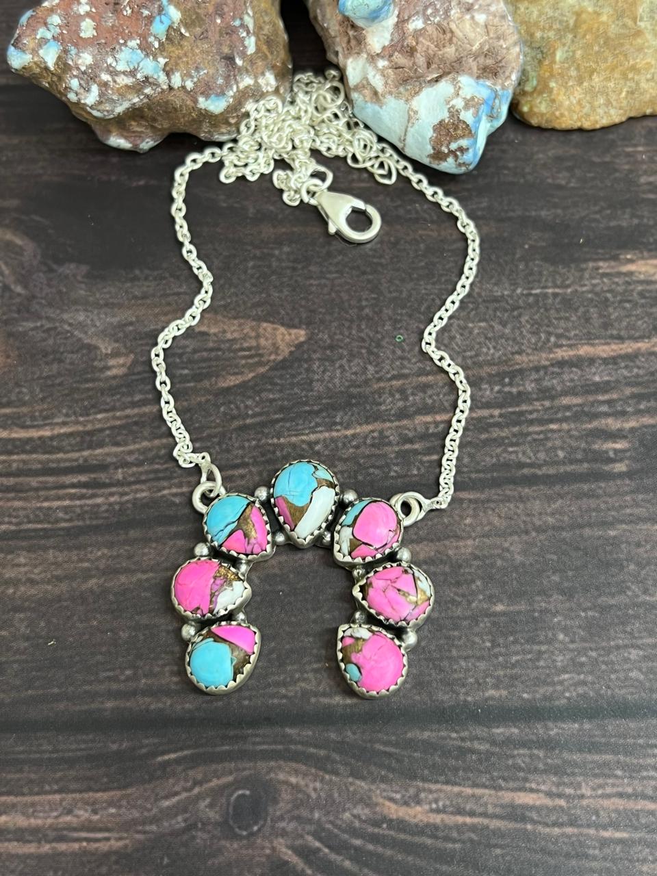 Handmade Sterling Silver Cotton Candy Turquoise Naja Necklace with Signed Nizhoni
