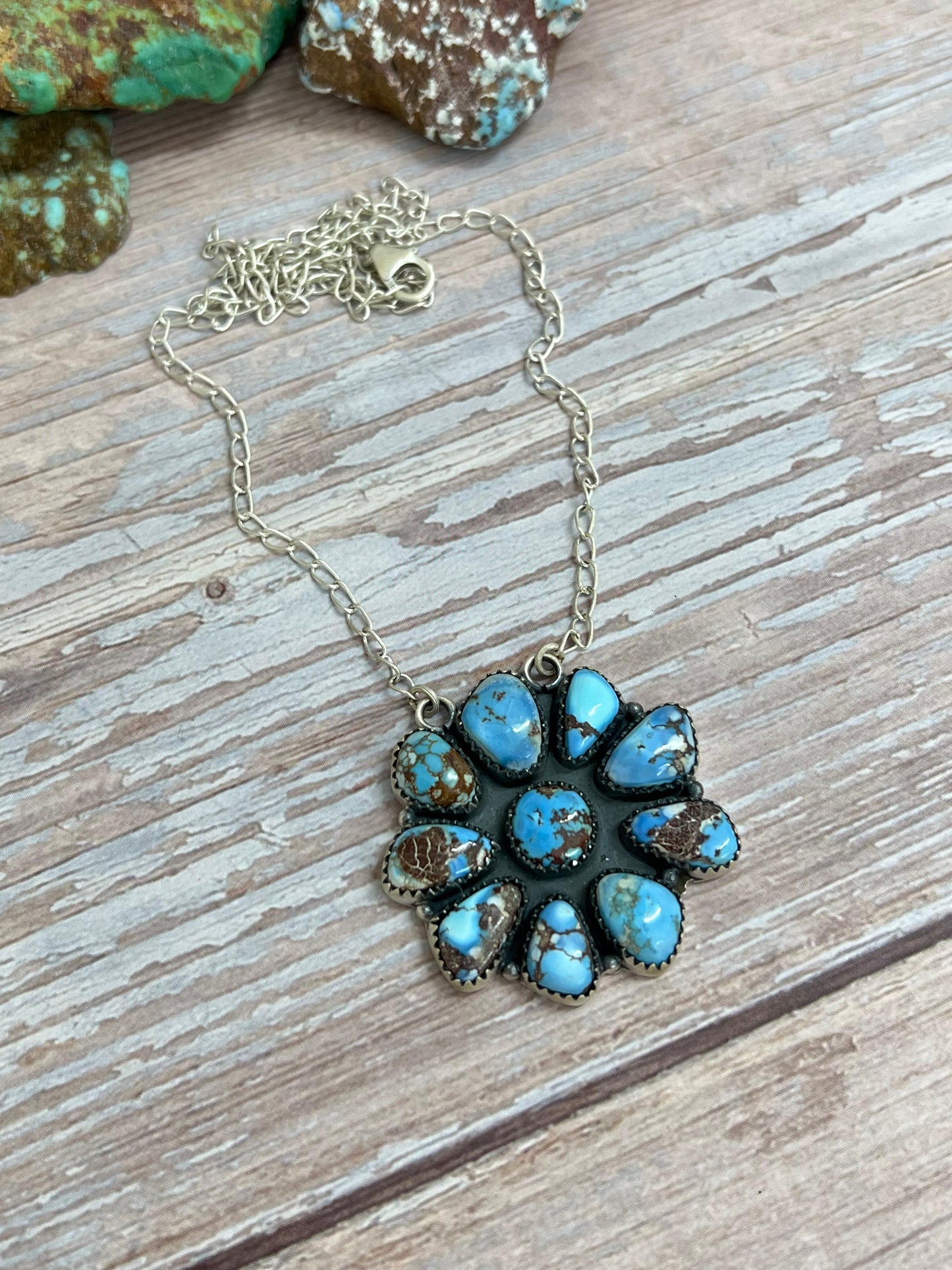 Handmade Sterling Silver Golden Hills Turquoise Necklace with Signed Nizhoni