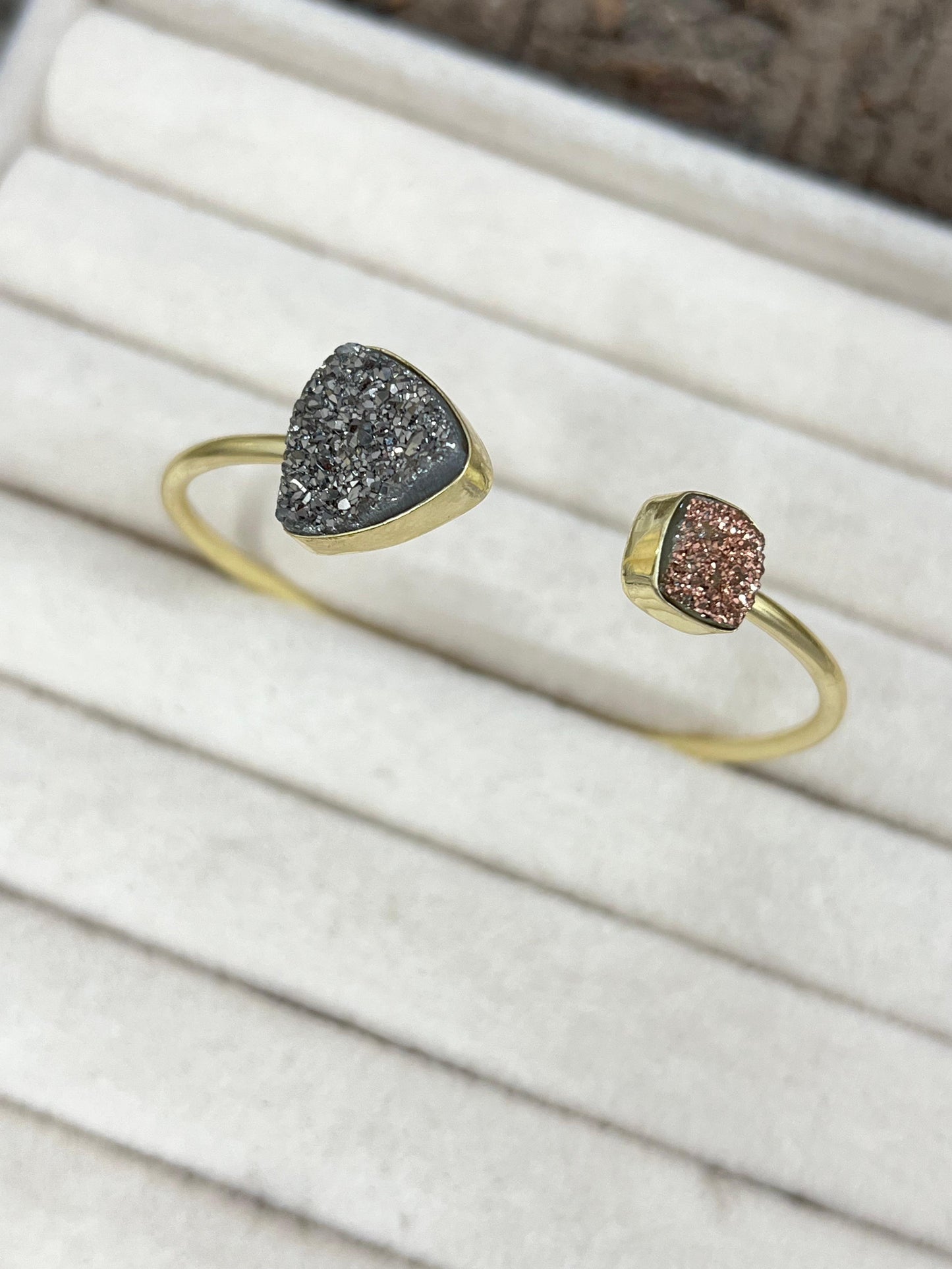 “The Boho Collection” Handmade Natural Gold Plated 2 Stone Druzy Open Cuff Bracelet
