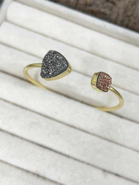 “The Boho Collection” Handmade Natural Gold Plated 2 Stone Druzy Open Cuff Bracelet