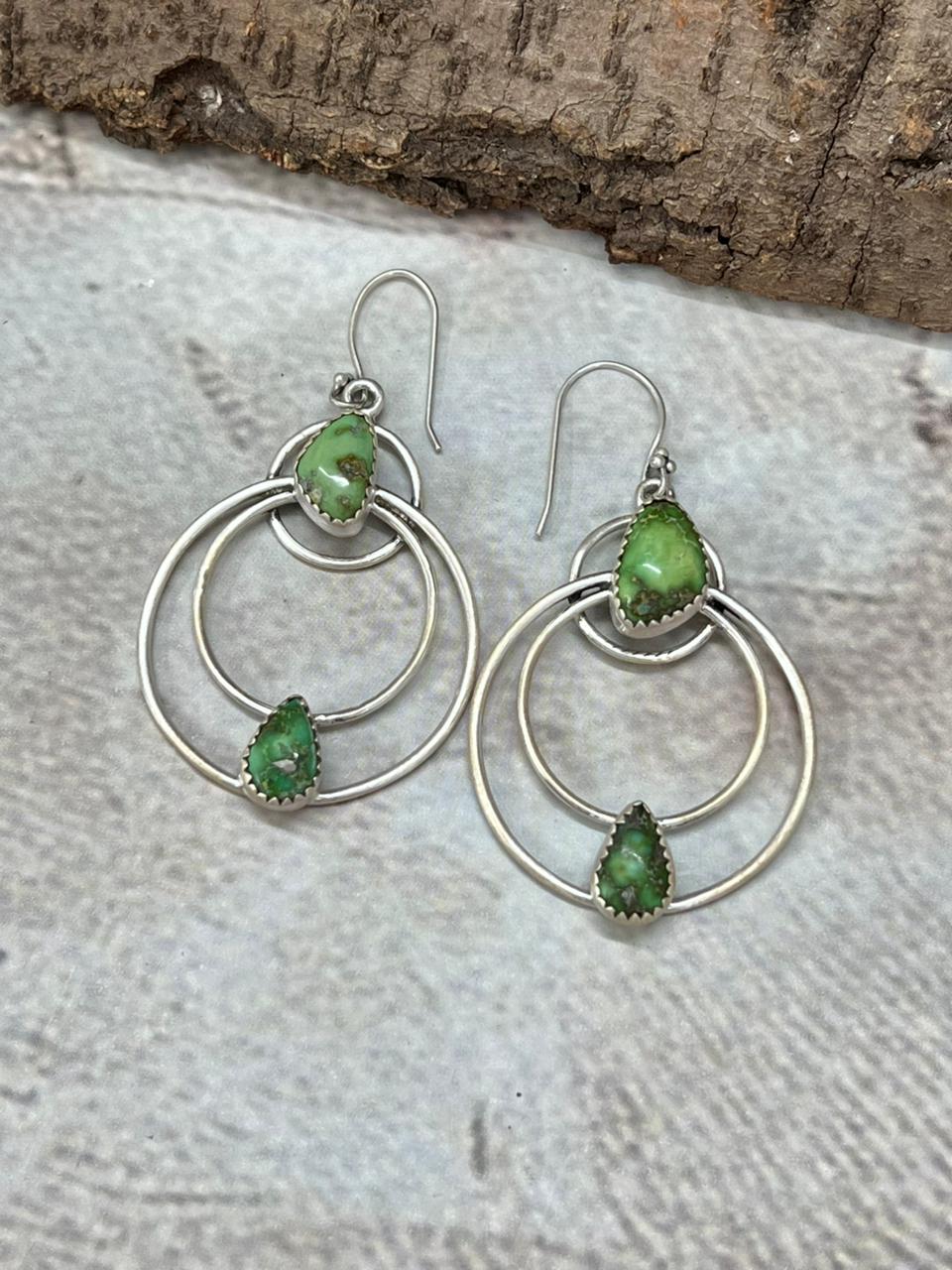 Handmade Sterling Silver Sonoran Mountain Turquoise Dangle Hoop Earrings with Signed Nizhoni (2)