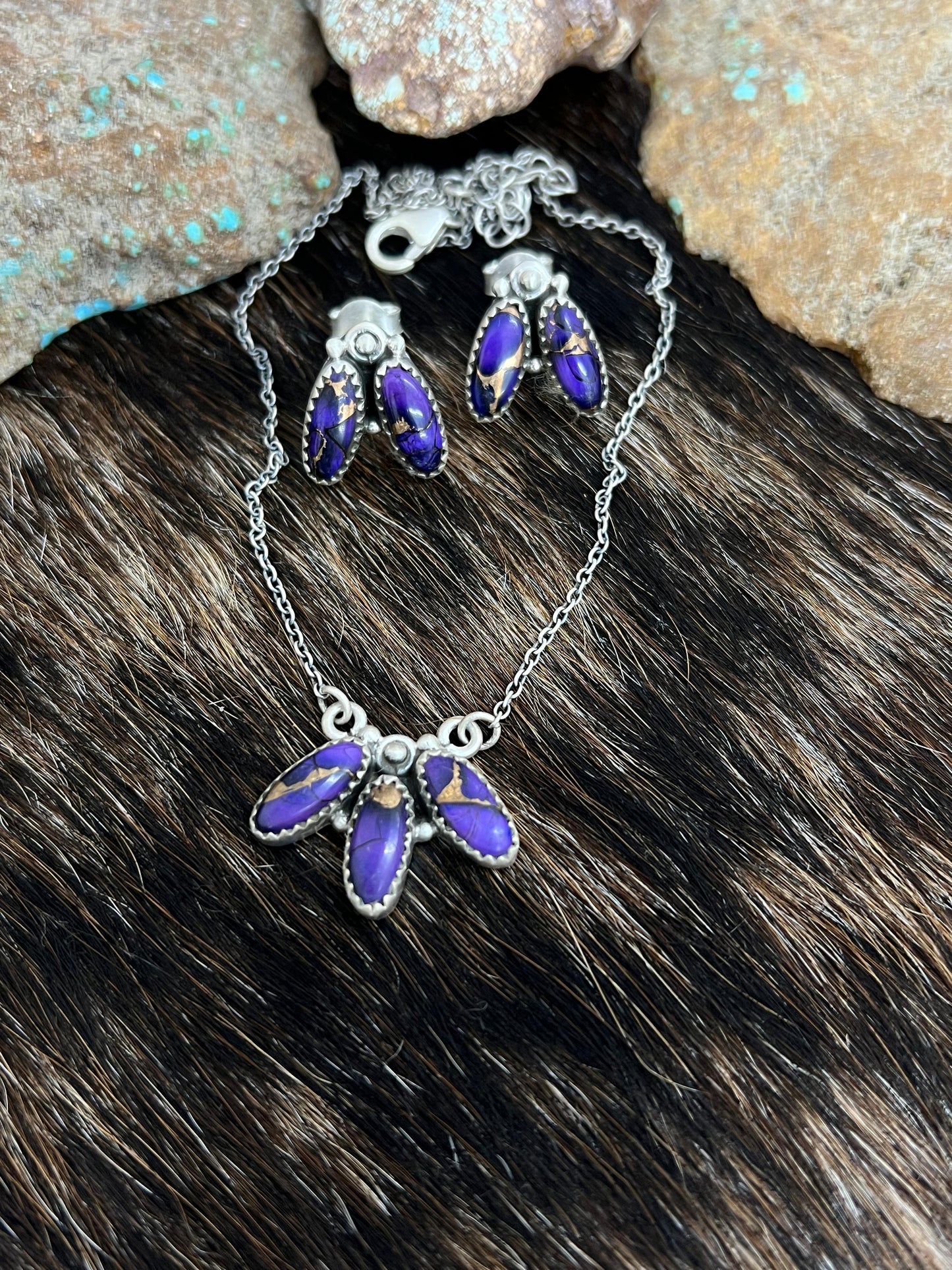 Handmade Sterling Silver Grape Dahlia Necklace Earrings Set, Signed Nizhoni