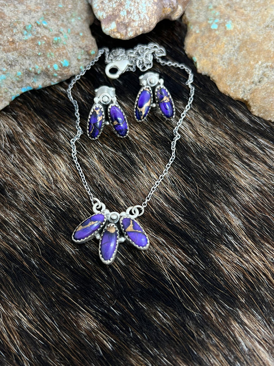 Handmade Sterling Silver Grape Dahlia Necklace Earrings Set, Signed Nizhoni