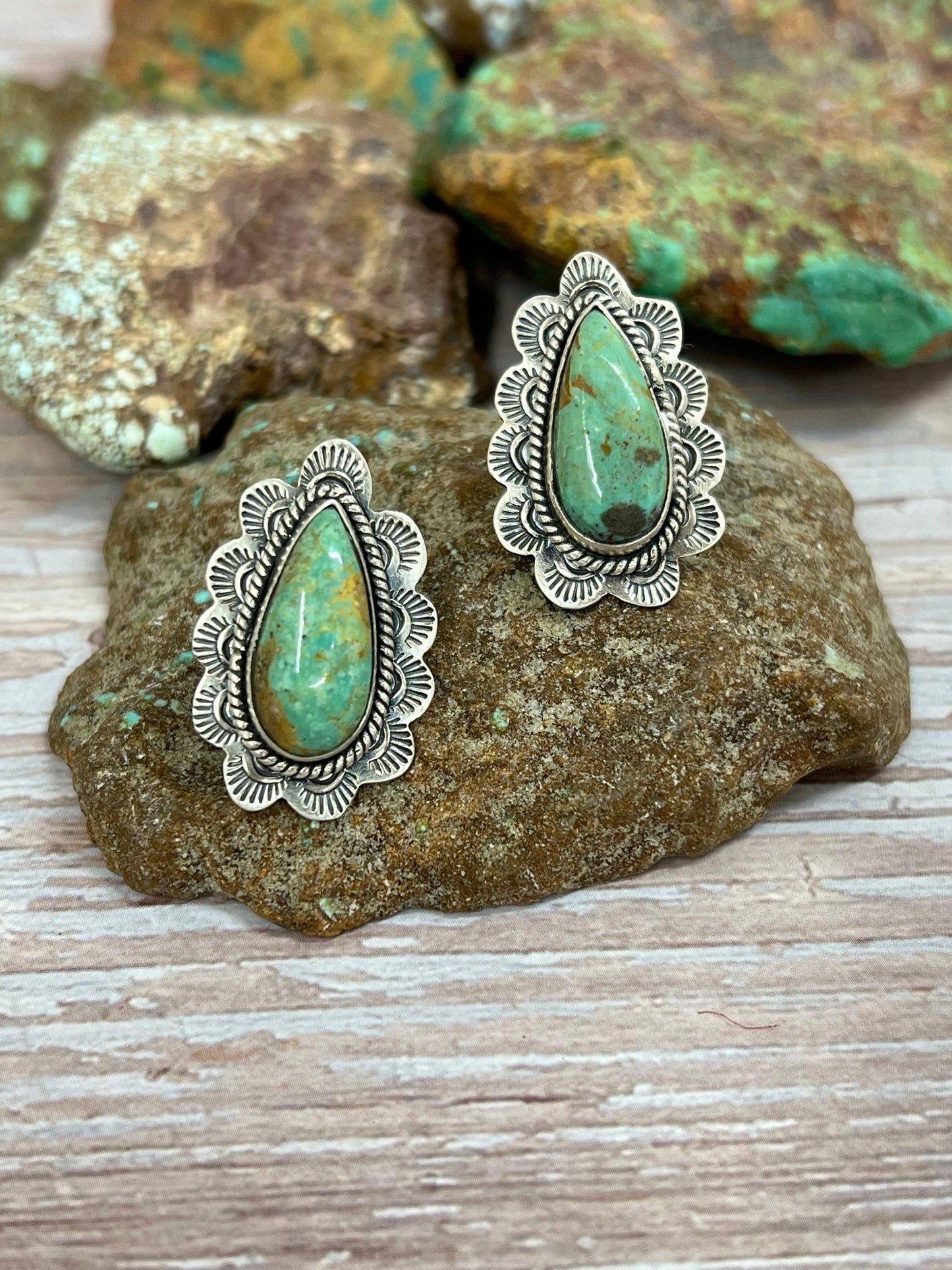 Handmade Sterling Silver Royston Turquoise Post Studs with Signed Nizhoni