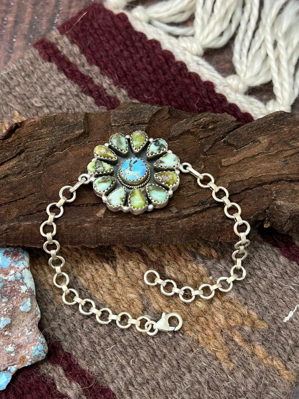 Handmade Sterling Silver Palomino with Golden Hills Turquoise Chain Bracelet "Signed Nizhoni"