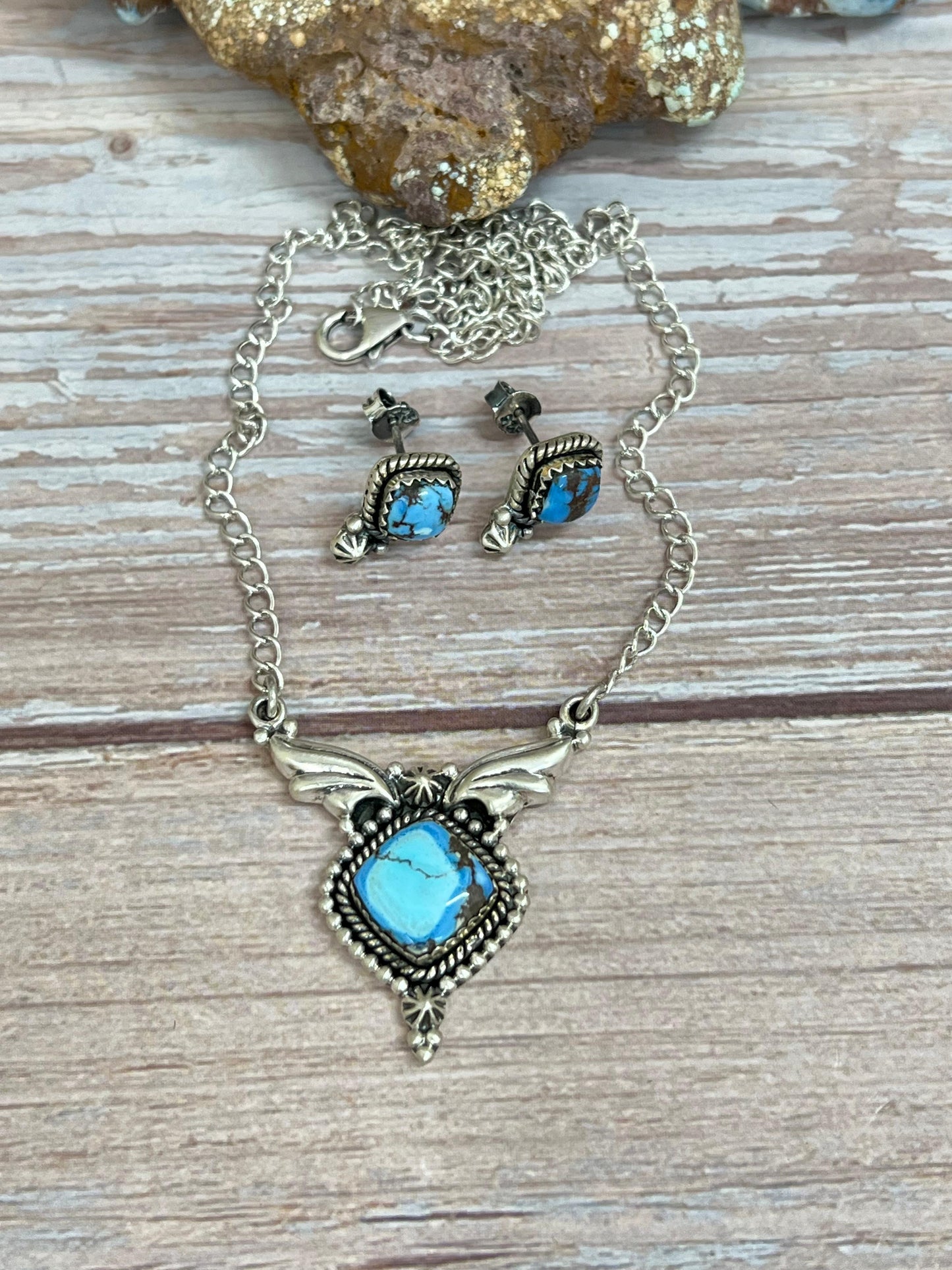 Handmade Sterling Silver Golden Hills Turquoise Necklace Earrings Set with Signed Nizhoni