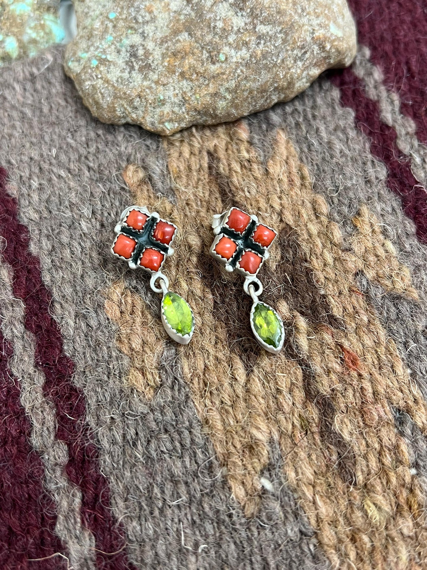 Christmas Collection Handmade Sterling Silver Coral with Peridot Post Dangle Earrings with Signed Nizhoni