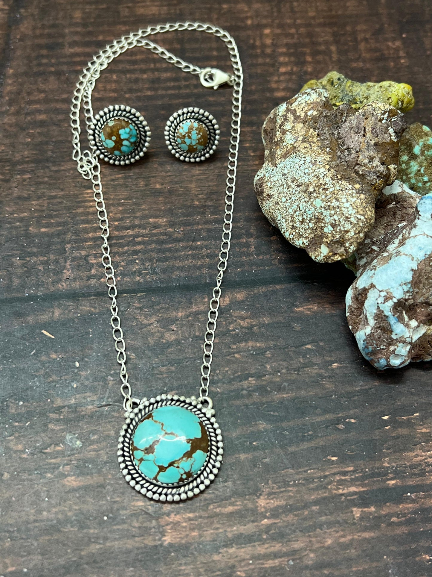 Handmade Sterling Silver Number 8 Turquoise Necklace Earrings Set with Signed Nizhoni