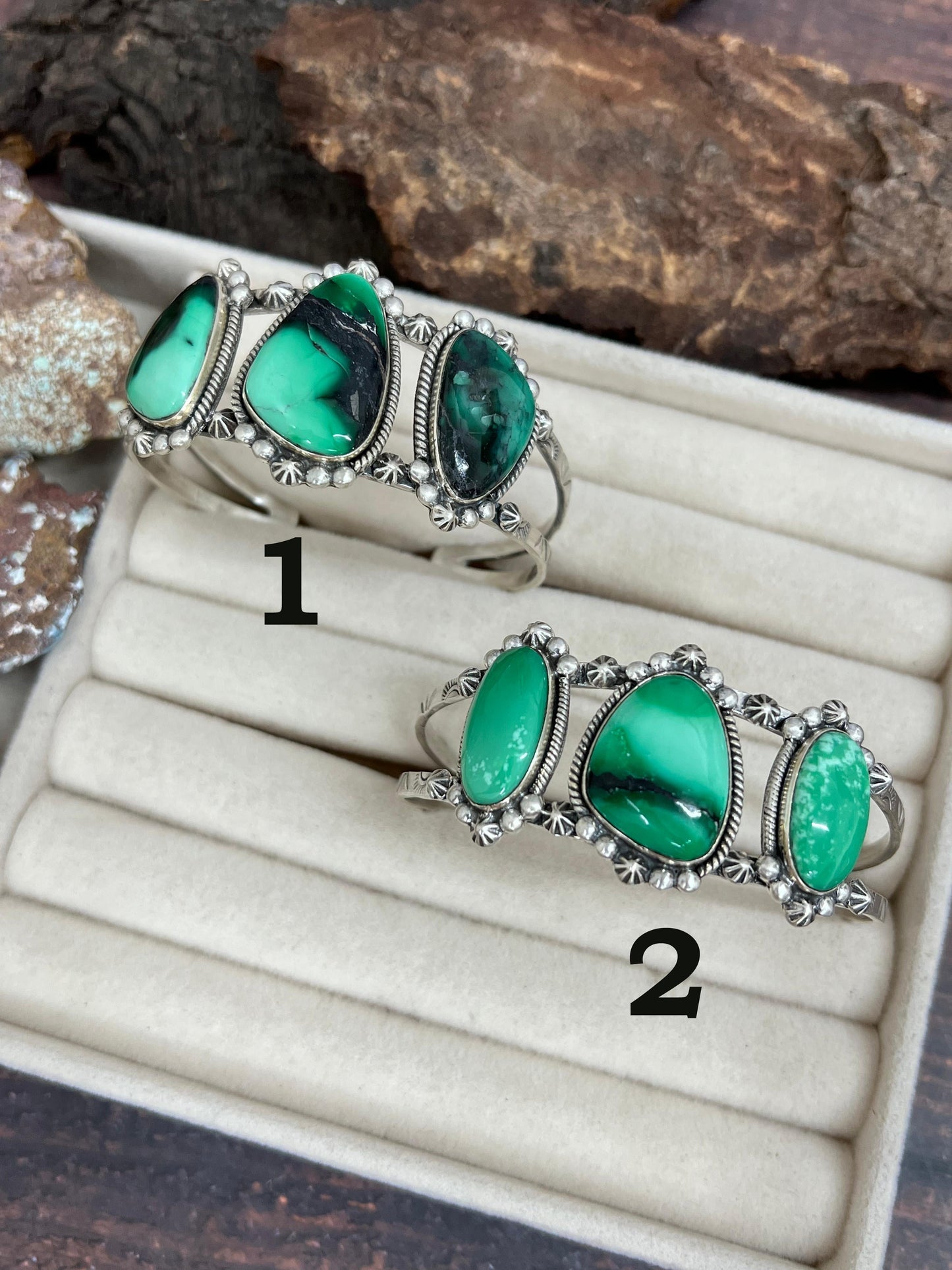 Handmade Sterling Silver Emerald Rose Cuff Bracelet with Signed Nizhoni