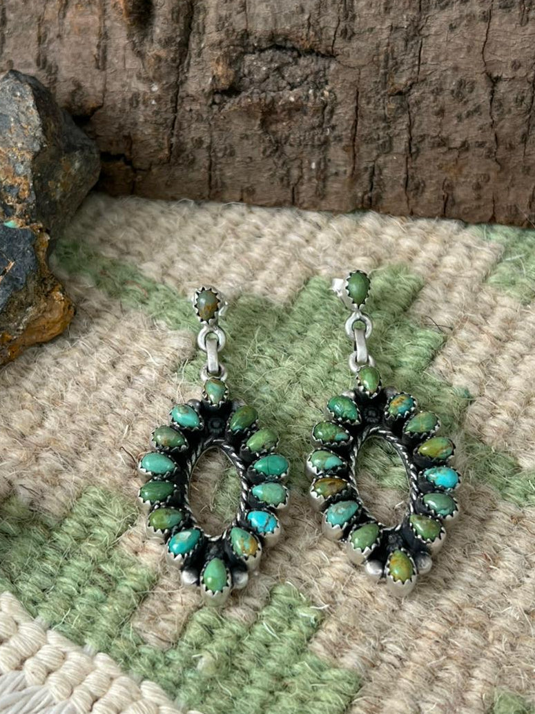 Handmade Sterling Silver Kingman Turquoise Post Dangle Earrings "Signed Nizhoni" (3)
