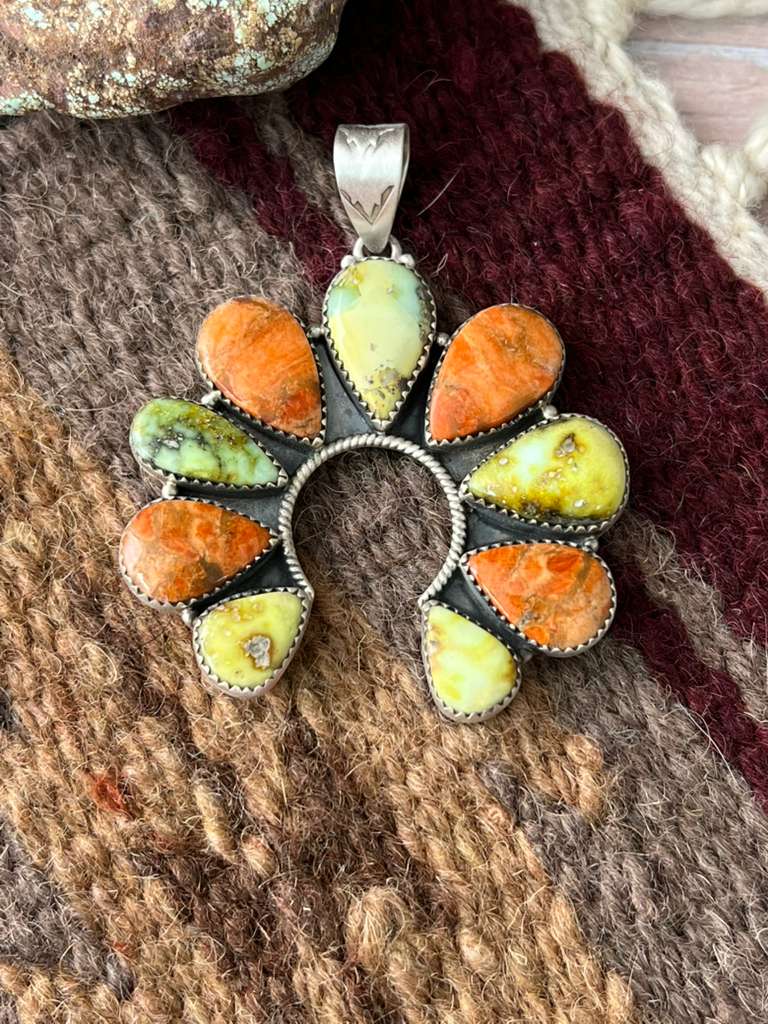 Handmade Sterling Silver Apple Coral and Palomino Naja Pendant "Signed Nizhoni"