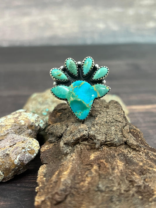 Handmade Sterling Silver Kingman Turquoise Adjustable Bullhead Ring with Signed Nizhoni