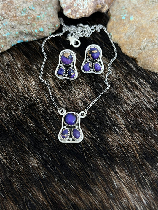 Handmade Sterling Silver Grape Dahlia Necklace Earrings Set, Signed Nizhoni
