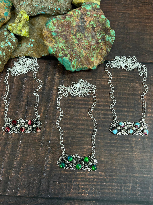 Handmade Sterling Silver Peacock Dahlia, Dahlia Rose, Cotton Candy Turquoise Necklace with Signed Nizhoni