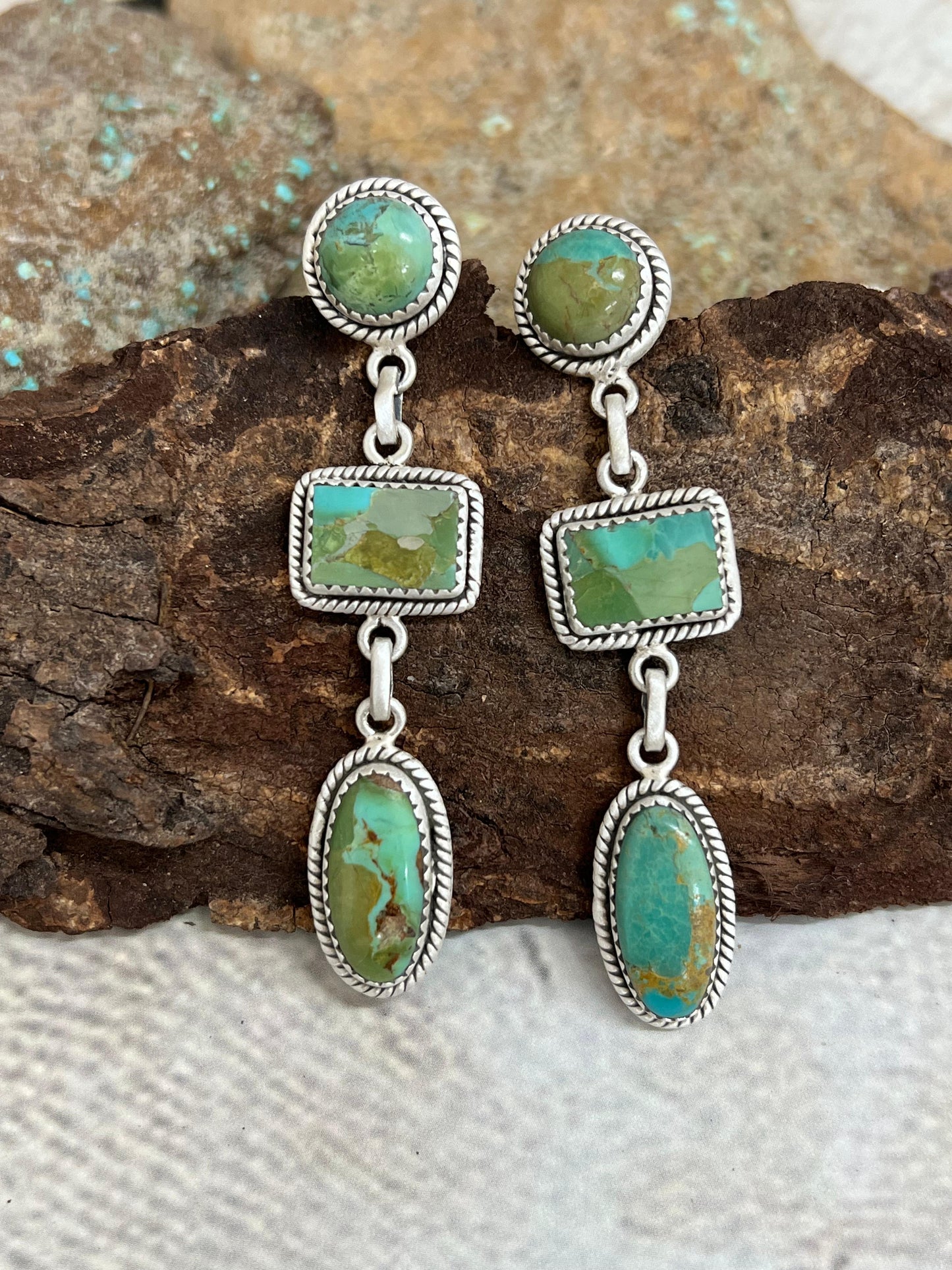 Handmade Sterling Silver Kingman Turquoise Post Dangle Earrings with Signed Nizhoni